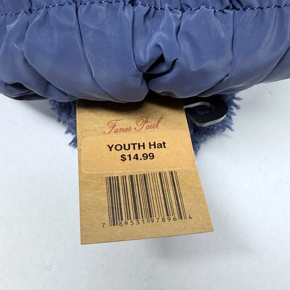 Fanes Paul Youth Navy Blue Puffer Knit Beanie Fuzzy Fleece Lined Pom Hat